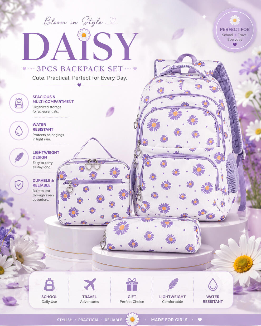 ๐ผ Daisy Aesthetic 3-Piece Backpack Sets