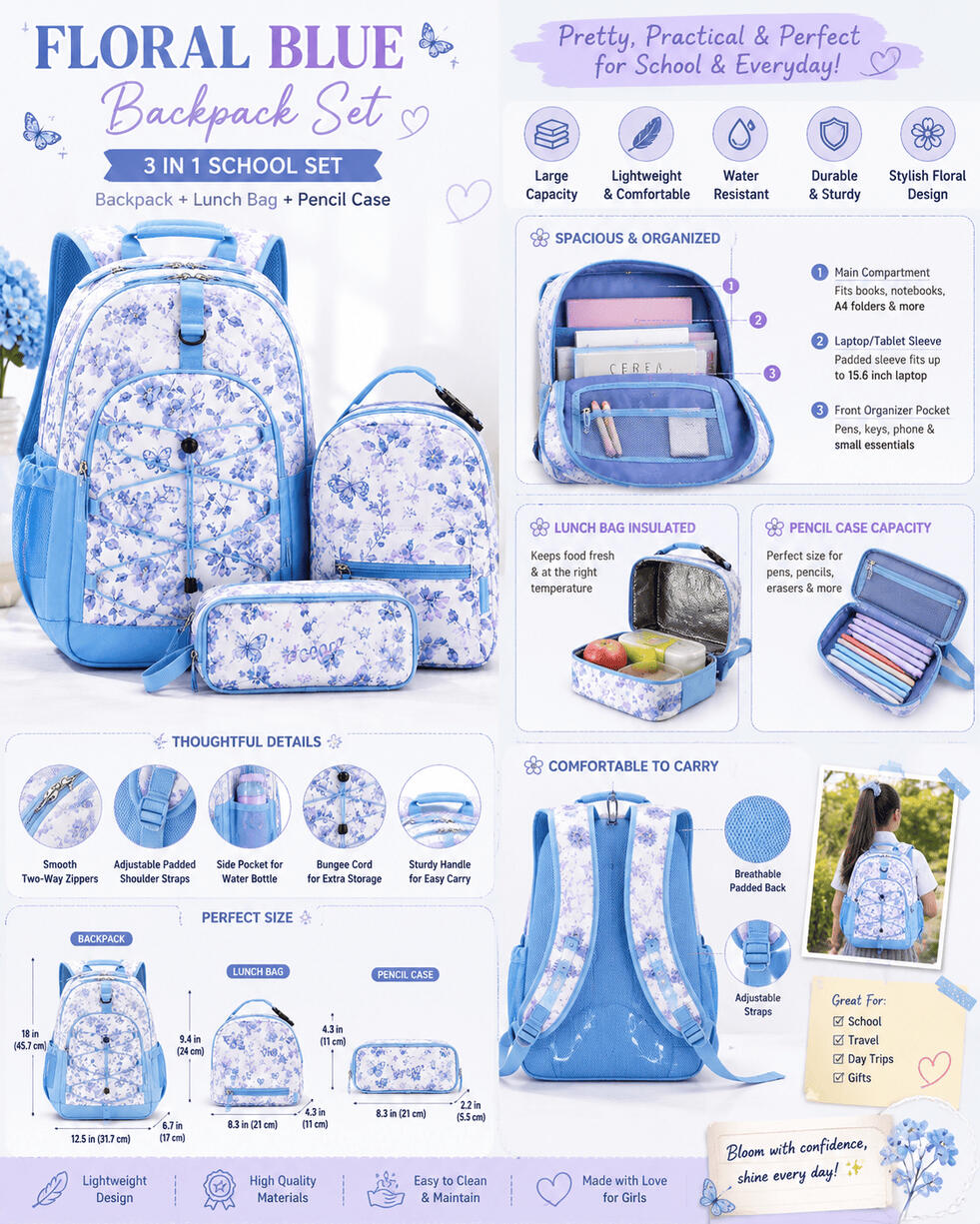๐ฆ Floral Blue 3-in-1 Backpack Set ๐ฟ