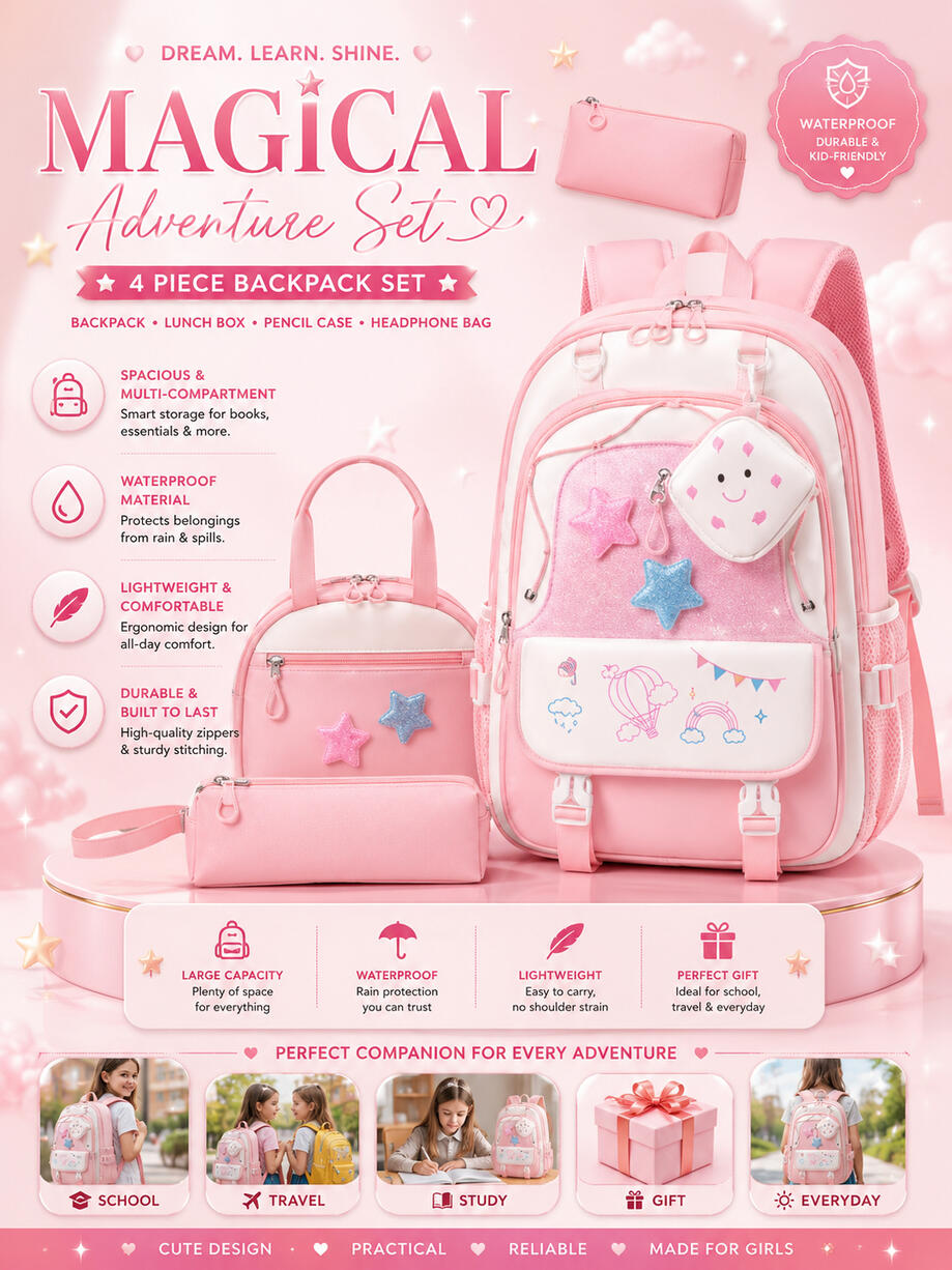 💖 Pink Magical 4-Piece School Set 🦄