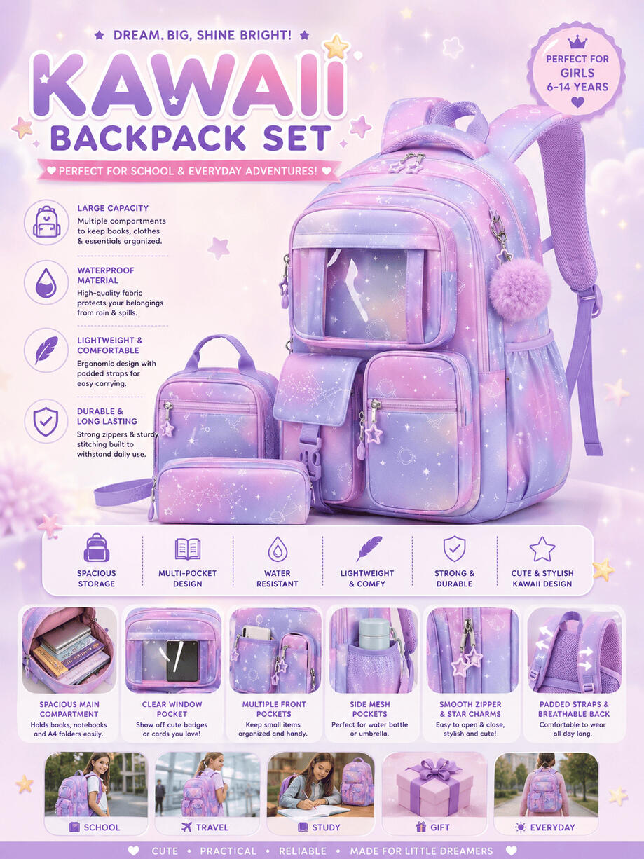 ๐ฆ Kawaii Pastel Galaxy Backpack Set โจ